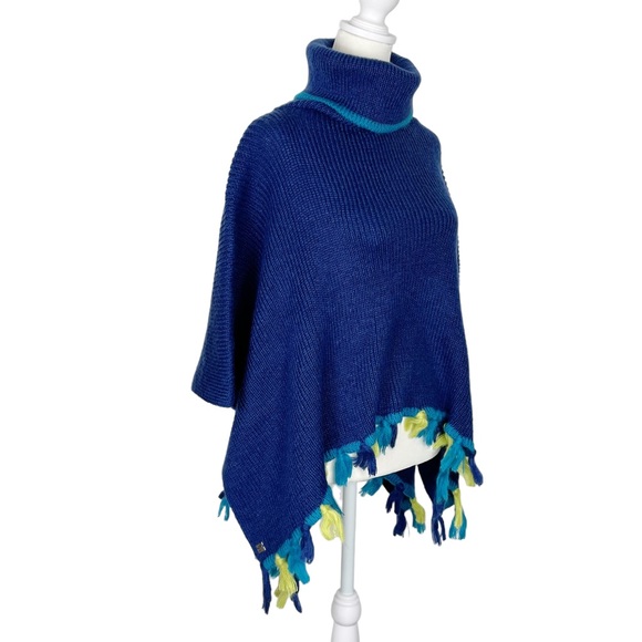 Libby Edelman Poncho Fringed Sweater NWT Blue Lime Green Turquoise One Size - Picture 1 of 11